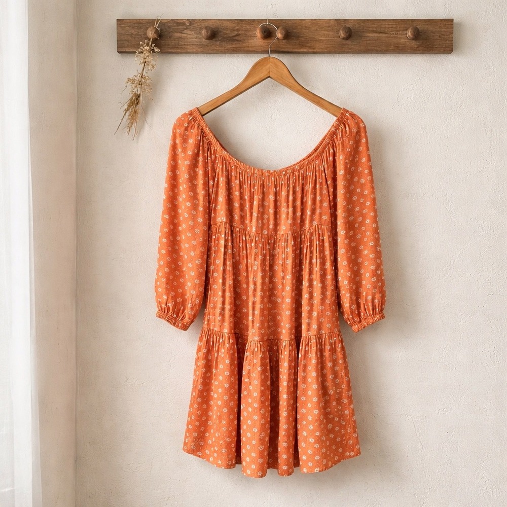 Billabong Floral Tiered Mini Dress Terracotta Orange Daisy Print Medium